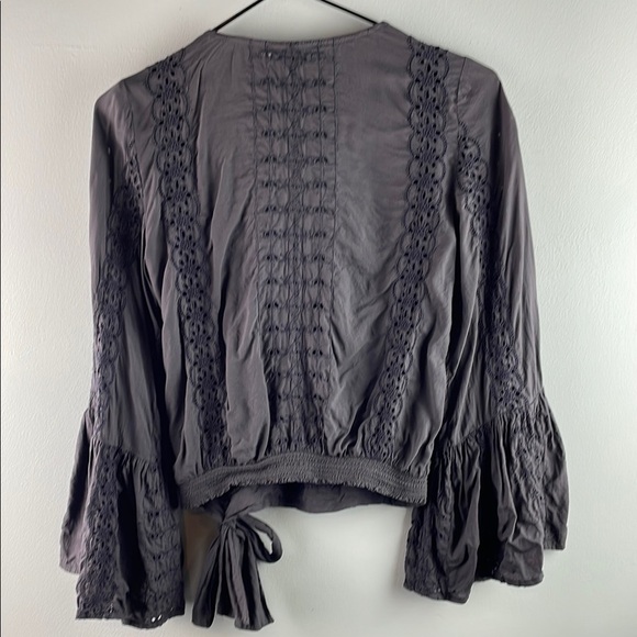 American Eagle Outfitters Gray Wrap Blouse with Lace Eyelet Details Size XS - Picture 6 of 7